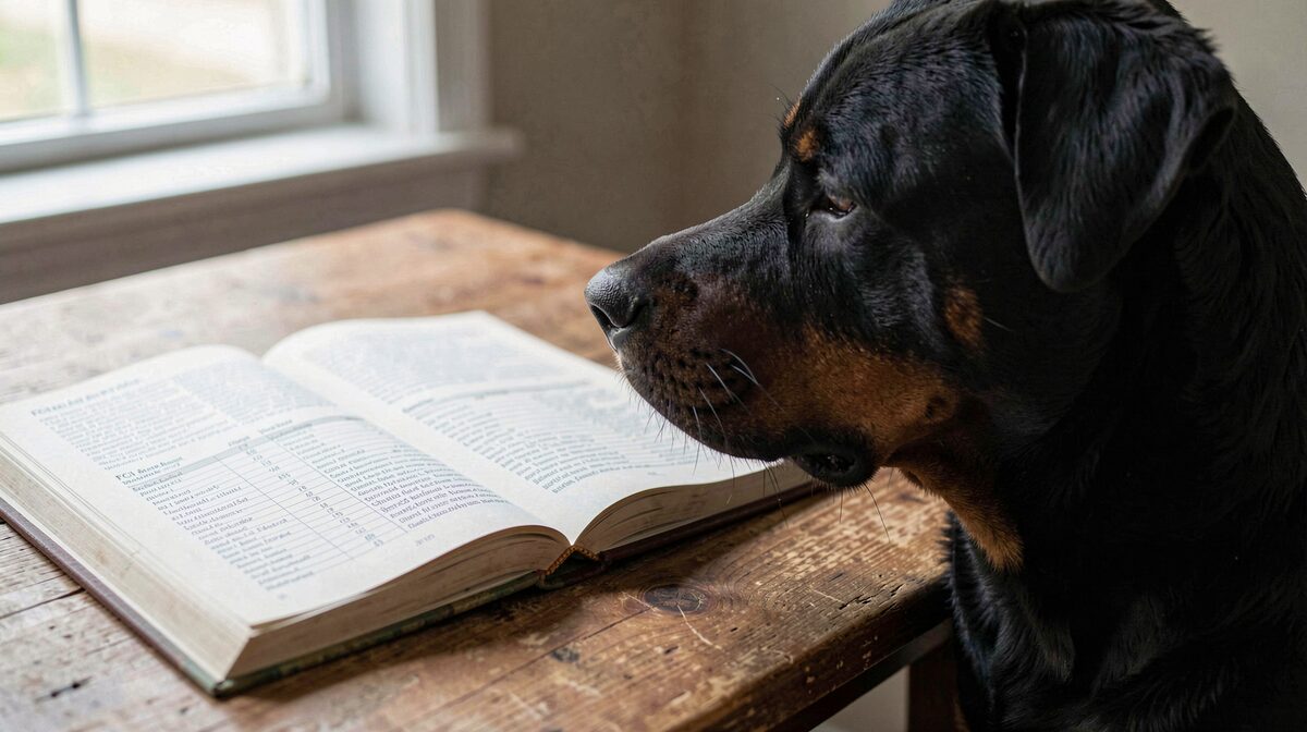 Ein aufgeschlagenes Buch mit dem FCI-Standard auf einem Holztisch, daneben ein schwarzer Rottweiler im Profil, weiches Tageslicht von links, Nahaufnahme auf Buchseite und Hundekopf.