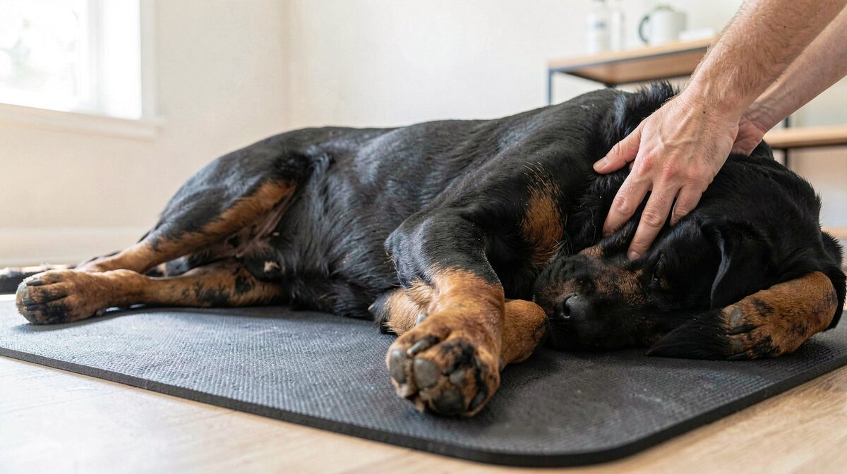 Ein Rottweiler liegt auf einer rutschfesten Matte in einem hellen Behandlungsraum, eine Hand führt vorsichtig das hintere Bein, Tageslicht von links, Nahaufnahme auf Hüfte und Matte.
