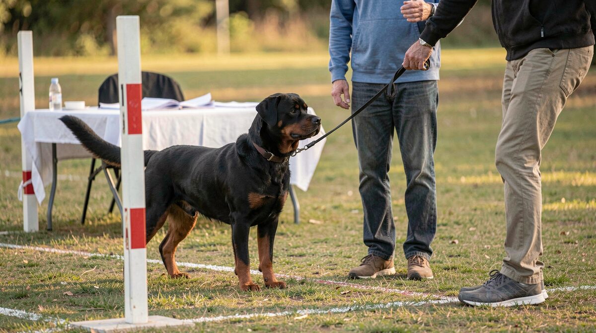 Ein Rottweiler an kurzer Leine neben seinem Hundeführer auf einem abgesteckten Übungsplatz, im Vordergrund eine Markierungsstange, dahinter ein Richtertisch mit Papieren, weiches Nachmittagslicht, halbnahe Aufnahme von der Seite.